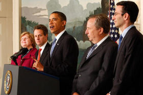 President Barack Obama is joined by (left to right) Council of Economic Advisers Chair Christina Romer, Treasury Secretary Timothy Geithner, National Economic Council Director Larry Summers and OMB Director Peter Orszag.