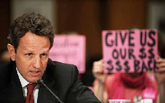 Treasury Secretary Tim Geithner and protesters